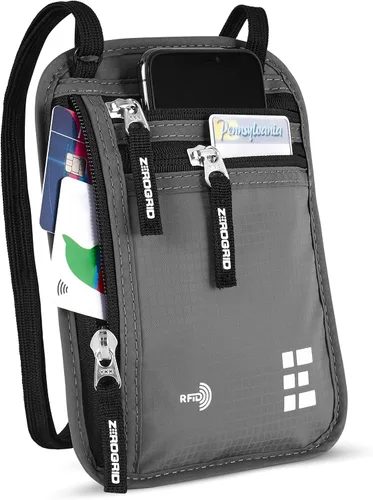 Miniatura 28 de Cartera para el cuello para viajes y pasaporte con bloqueo RFID, delgada y fácil de ocultar, bolsa de viaje de nailon para hombres y mujeres