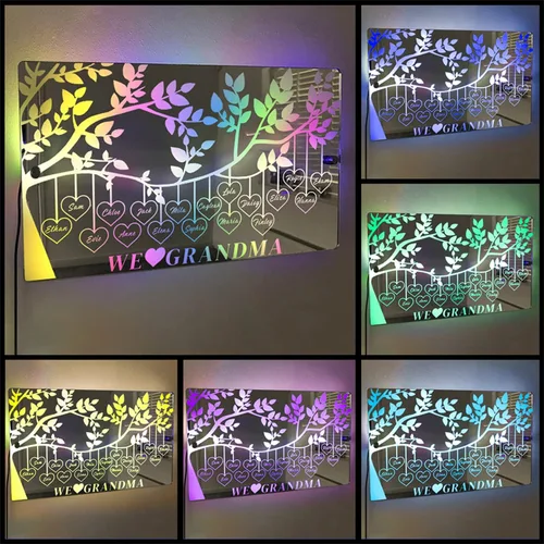 Miniatura 18 de Rompecabezas de nombre de familia personalizado, luz LED, espejo de corazón, espejo de dormitorio, espejo acrílico personalizado de 1 a 12 nombres