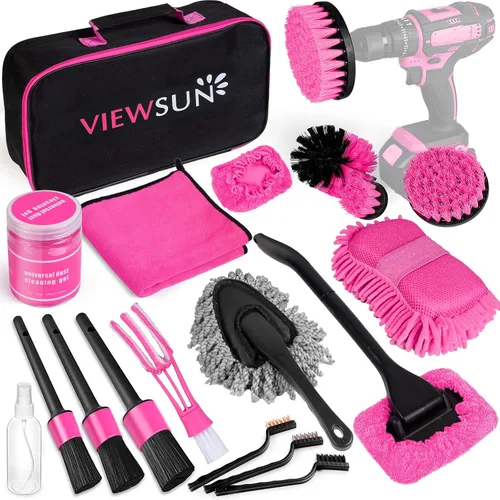 Miniatura 3 de Kit de limpieza de automóvil de 37 piezas, kit de detalles interiores de automóvil rosa con aspiradora de mano de alta potencia, juego de cepillos