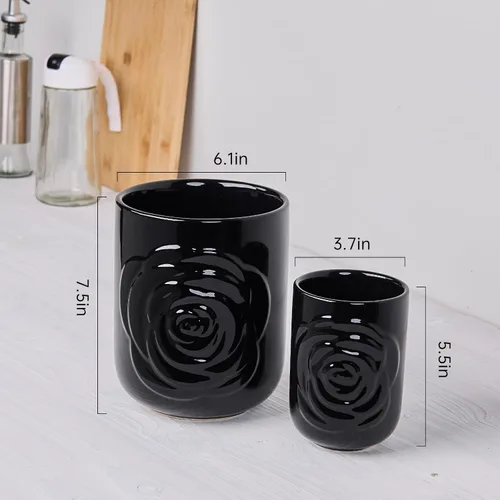 Miniatura 4 de Juego de 2 Portautensilios Grandes, 7.5" + 5.5" - Recipiente de Cerámica con Diseño de Rosas para Utensilios de Cocina de Encimera para Espátulas
