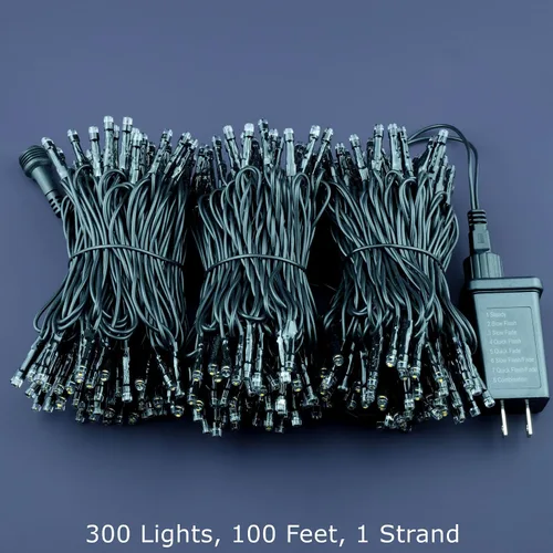 Miniatura 5 de Cadena de 300 luces LED de Navidad de color blanco cálido, 30.5 metros de luces LED de gran angular de 5mm con adaptador de 8 modelos (cable negro)
