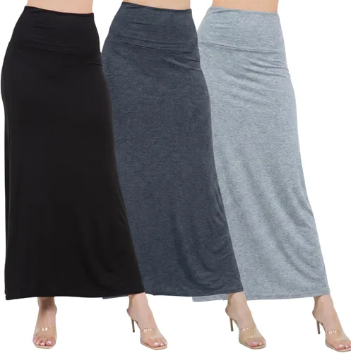 Miniatura 13 de Azules 3 Pack Women’s Maxi Skirt – Soft Stretchy Rayon Fold Over High Waist Long Flowy Boho Skirt for Casual or Dressy Wear