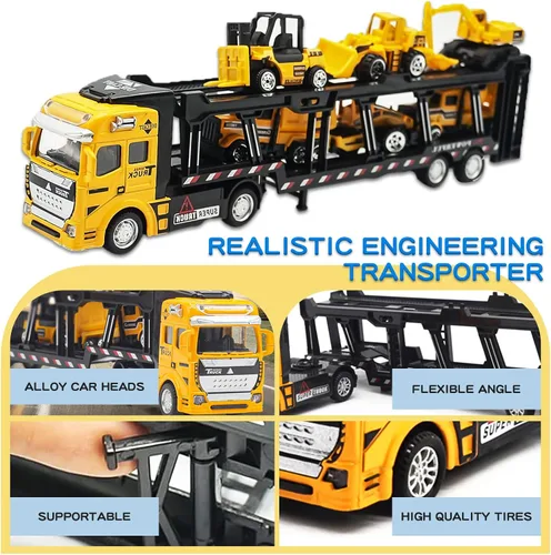 Miniatura 3 de OTONOPI Camión de transporte de automóviles, construcción de autos fundidos a presión, juego de vehículos de juego, camión portador con minicúa