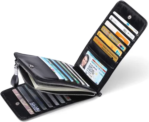 Miniatura 3 de Huztencor cartera de cuero con bolsillo para tarjeta de crédito bloqueo RFID, billetera, funda para tarjetas para mujer