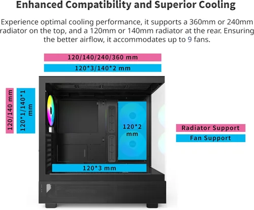 Miniatura 5 de MONTECH XR-B, chasis para PC de torre media ATX Gaming, ventiladores ARGB PWM de 3x120mm preinstalados, panel de vidrio templado de doble vista