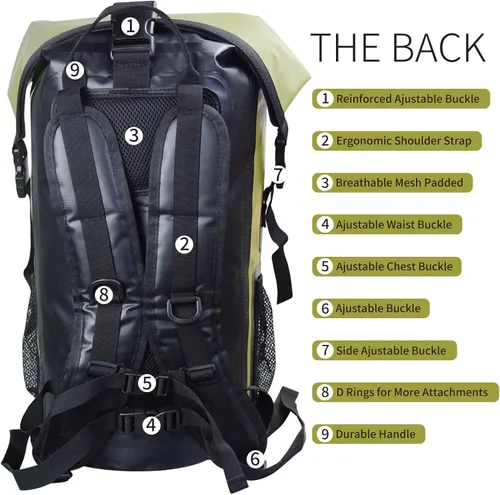 Miniatura 3 de Mochila impermeable IPX6, bolsa con cierre enrollable y accesorios de kayak, esenciales para camping, natación, playa, pesca, rafting, viajes, Verde