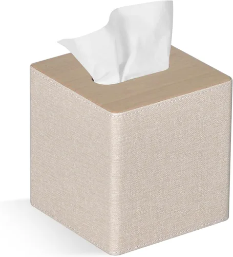 Funda para caja de pañuelos cuadrada de piel sintética para caja de pañuelos facial para decoración de cómoda y baño (Beige)