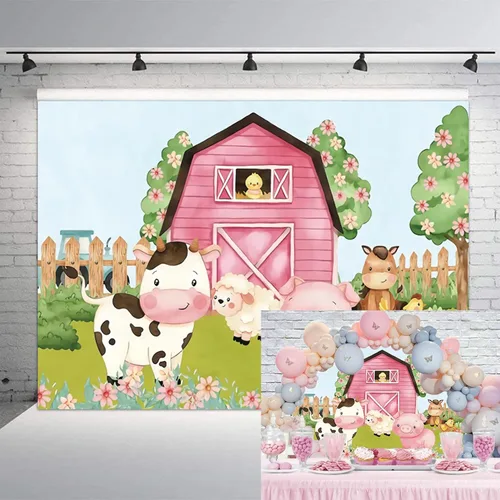 Fondo de dibujos animados de 5 x 3 pies para fiesta de animales de granja, granero rosa, baby shower, cumpleaños, fotografía, fondo, tierras de