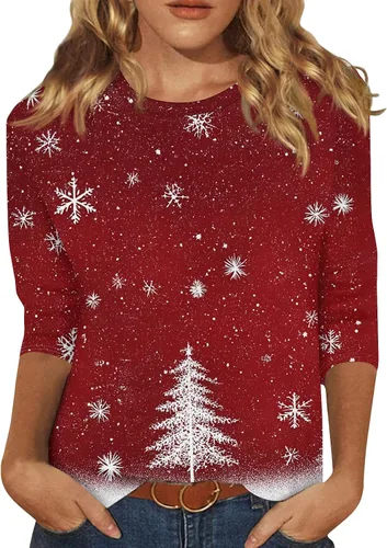 Miniatura 118 de Camisetas de manga 3/4 para mujer, cuello redondo, holgadas, casuales, con estampado floral, camisetas de moda para el trabajo de negocios