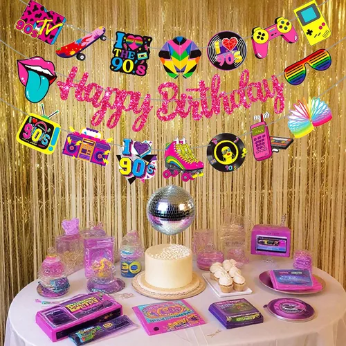 Miniatura 9 de Pancartas de fiesta de cumpleaños temáticas de los años 90, decoraciones retro de fiesta de cumpleaños de los años 90, decoraciones de regreso a
