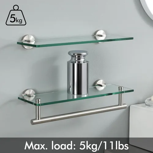 Miniatura 5 de KES Estantes de vidrio para baño, estante de baño flotante de vidrio de 16 pulgadas con barra, paquete de 2 unidades de montaje en pared SUS 304