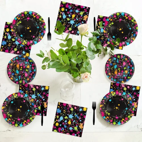 Miniatura 6 de Suministros de fiesta de neón para 24 invitados, juego de platos y servilletas de papel desechables de neón, vajilla brillante, decoración de fiesta