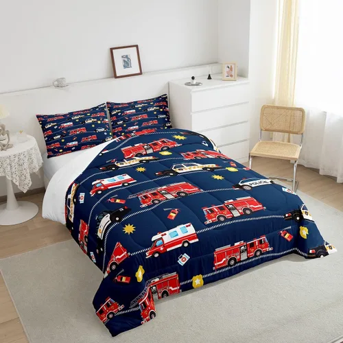 Miniatura 4 de Feelyou Juego de ropa de cama de camión de bomberos, edredón de coche de bomberos y policía para decoración de habitación de niños, tamaño Multi D05