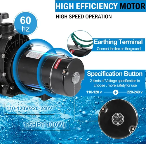 Miniatura 4 de TOPDEEP Bomba de piscina de 1.5 HP para enterrar, bomba de piscina autorecortable sobre el suelo, bombas de piscina de una sola velocidad de doble