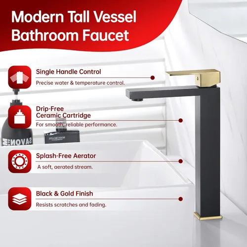 Miniatura 2 de sumerain Grifo de lavabo de recipiente, grifo de baño alto de acero inoxidable 304 con una sola manija, un solo agujero, negro y dorado, sin plomo