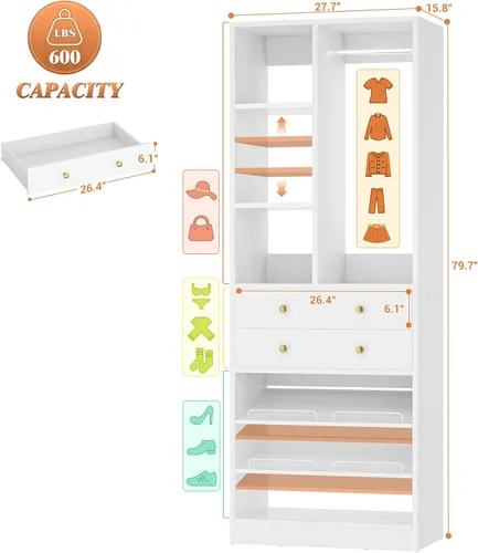 Miniatura 3 de Besiost Sistema de armario pequeño, sistema organizador de armario de 28 pulgadas/2.3 pies con cajones y estantes, sistemas de armarios para Blanco