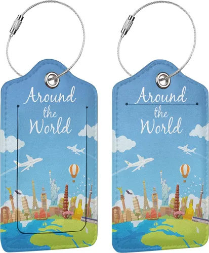 Juego de 2 etiquetas de equipaje para maletas de viaje The World de cuero para maletas de crucero con lazo de acero inoxidable, cubierta de