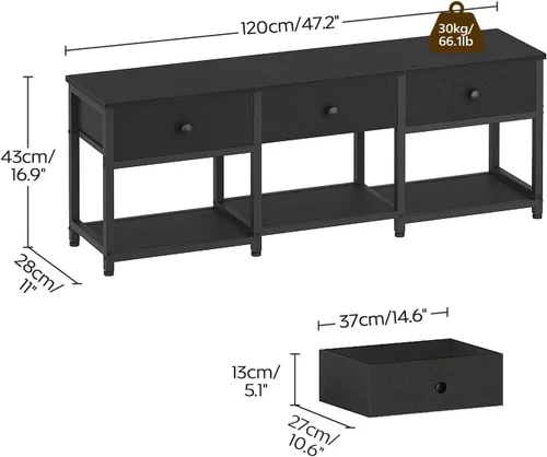 Miniatura 7 de YATINEY Soporte de TV con 3 cajones de tela para TV de hasta 50 pulgadas, consola multimedia industrial de 47.2 pulgadas, centro de entretenimiento