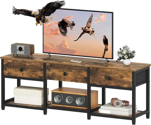 Miniatura 9 de YATINEY Soporte de TV con 3 cajones de tela para TV de hasta 50 pulgadas, consola multimedia industrial de 47.2 pulgadas, centro de entretenimiento