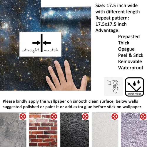 Miniatura 6 de Livelynine Papel tapiz de galaxia para despegar y pegar, color azul oscuro, papel de pared autoadhesivo de Star Wars, estrellas doradas, cielo