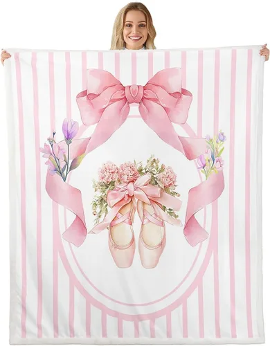 Miniatura 27 de Manta de vellón de ballet para niña, manta de ensueño con lazo rosa de princesa bailarina para sofá de adultos, manta suave kawaii a rayas círculos