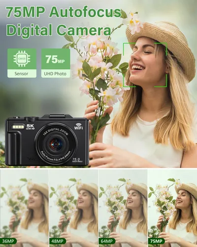 Miniatura 2 de Cámara digital 5K para fotografía, cámara WiFi de 75 MP para YouTube con pantalla abatible de 180° de 3 pulgadas, cámara de video de enfoque Negro