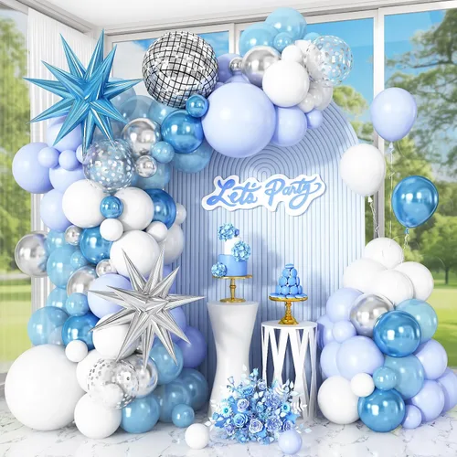 Kit de guirnalda de arco de globos de color azul, blanco y plateado con globos de bola de discoteca, globos de papel de aluminio de estrella para