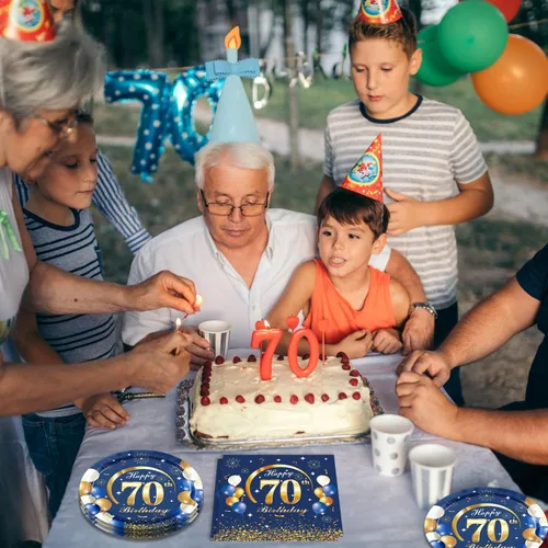Miniatura 5 de 40 piezas de decoración para el 70 cumpleaños de hombres, azul marino y dorado, decoración de fiesta de cumpleaños feliz, incluye platos