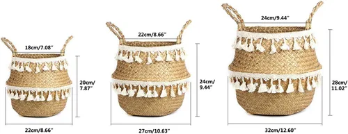 Miniatura 2 de Cesta de Barriga de Hierba Marina Tejida de Macramé con Borlas para Almacenamiento, Decoración, Lavandería, Picnic, Cubierta de Maceta, Comestibles