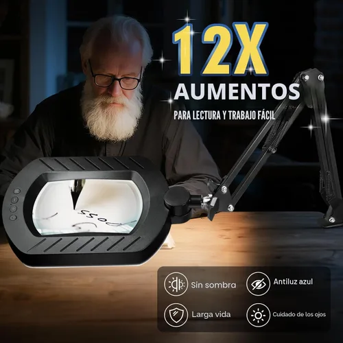 Miniatura 3 de Lupa cuadrada de 12X con luz y soporte con 144 LED de brillo, 5 modos de color, lupa iluminada manos libres, 10 brillo regulable, lámpara