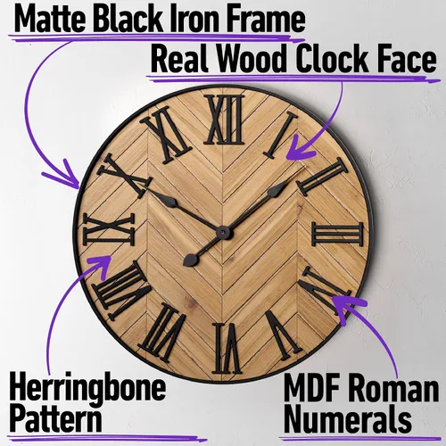 Miniatura 2 de Reloj de pared grande de 24" redondo - silencioso, metal y madera, gran reloj de pared estilo granja para decoración de sala de estar con números