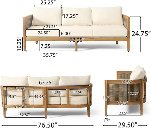 Miniatura 2 de Merax Sofá de mimbre de madera de acacia al aire libre de 76.5 pulgadas, sofá de 3 plazas para patio trasero