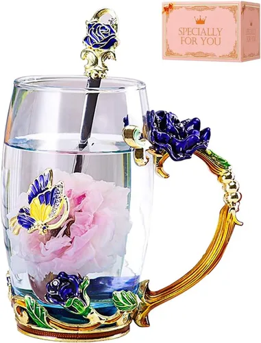 Miniatura 10 de Taza de té de flores de margarita, tazas de café esmaltadas de vidrio hechas a mano con cuchara delicada, regalo de cumpleaños para esposa, madre