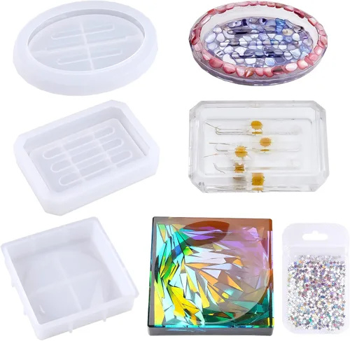 Miniatura 8 de NiArt Paquete de 2 jaboneras ovaladas y rectangulares facetadas, molde de silicona de resina epoxi+kit de lentejuelas de estrella, bandeja