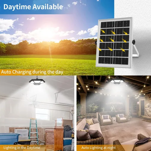 Miniatura 2 de Lámpara solar para cobertizo interior y exterior de 180 LED, lámpara colgante de doble cabezal alimentada por energía solar, luces de trabajo Negro