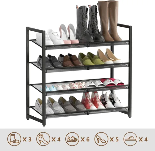 Miniatura 4 de Zapatero de metal para armario, entrada, organizador de zapatos de 4 niveles, estantes planos o angulares ajustables, capacidad para hasta 20 pares