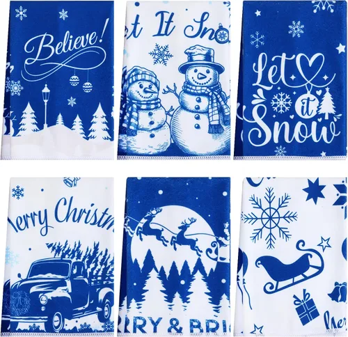 Miniatura 9 de Ganeen 6 toallas de mano navideñas para baño, 12 x 18 pulgadas, juego de toallas de cocina de muñeco de nieve azul, juego de toallas decorativas