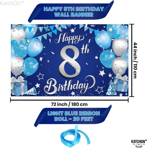 Miniatura 2 de KatchOn, Cartel extragrande de feliz cumpleaños número 8 plateado y azul, 72 x 44 pulgadas, telón de fondo de octavo para decoraciones de feliz