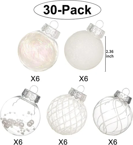 Miniatura 3 de Adornos de bola de Navidad transparentes, 30 unidades de 2.36 pulgadas, bolas de adorno de Navidad blancas para árbol de Navidad con delicado Blanco