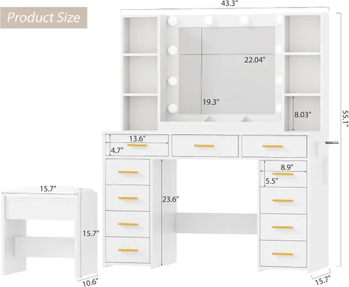 Miniatura 7 de Mesa de tocador de maquillaje ANWBROAD con espejo y luces, mesa de tocador blanca con toma de corriente, 11 cajones, 9 estantes, 3 modos