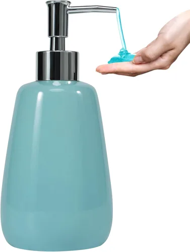 Botellas de cerámica dispensadoras de jabón de mano cian con elegante bomba superior baño botellas de champú vacías 10 oz/10.1 fl oz