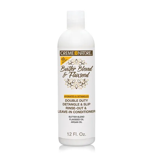 Creme of Nature Acondicionador doble para desenredar y deslizar y enjuagar con mezcla de mantequilla, aceite de linaza y argán, rico en humedad,