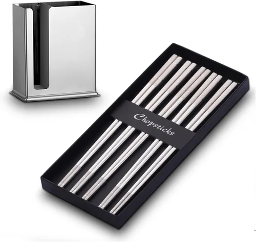 Miniatura 11 de DOCBLACK Palillos de acero inoxidable con soporte para palillos, estante de secado de utensilios, 5 pares de palillos reutilizables aptos