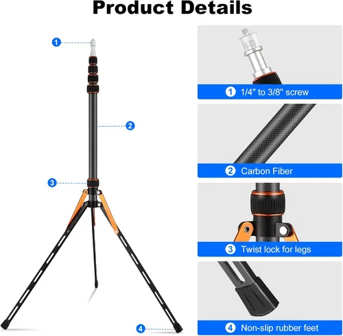 Miniatura 7 de Soonpho Soporte de luz portátil ajustable de fibra de carbono de 7 pies con trípode reversible de 180°, altura máxima de 86.5 pulgadas para cámara