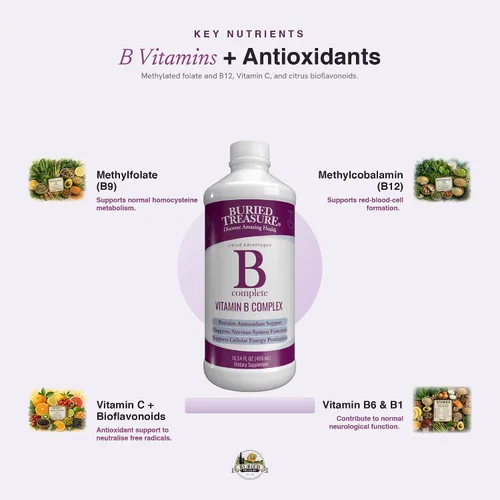 Miniatura 3 de Buried Treasure B Complete - Complejo líquido de vitamina B con metilcobalamina B12 y metilfolato B9, biotina, B1, B2, B3, B5, B6, líquido y sin
