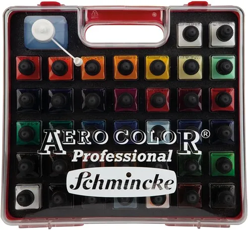 Schmincke - Caja de plástico profesional AERO COLOR 37 x 0.9 fl oz de acrílico líquido fino + AERO CLEAN RAPID, 81 136 097, aerógrafo, pintura