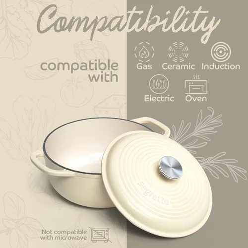 Miniatura 5 de Segretto Cookware Olla Holandesa de Hierro Fundido Esmaltado con Tapa 4.57 Cuartos, Bianco Perla (Blanco Hueso) Horno Holandés Esmaltado Blanco