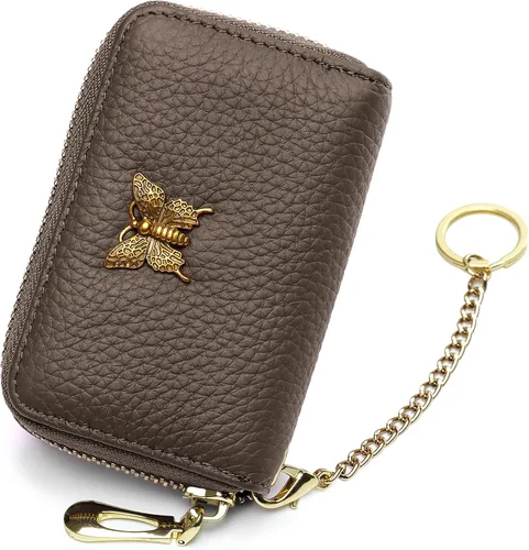 imeetu Portatarjetas de crédito RFID para mujer, pequeña cartera de cuero con cremallera con llavero extraíble, Gris topo, S, Cartera para tarjetas