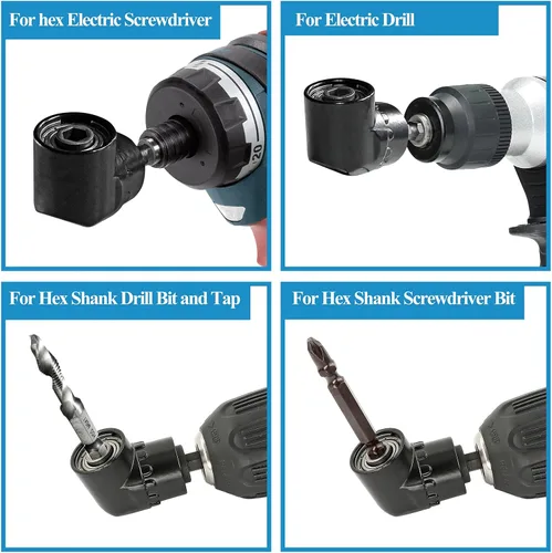 Miniatura 5 de Soporte de broca de ángulo recto negro de 105 grados, destornillador hexagonal de 1/4 pulgadas y kit de brocas de extensión de ángulo flexible