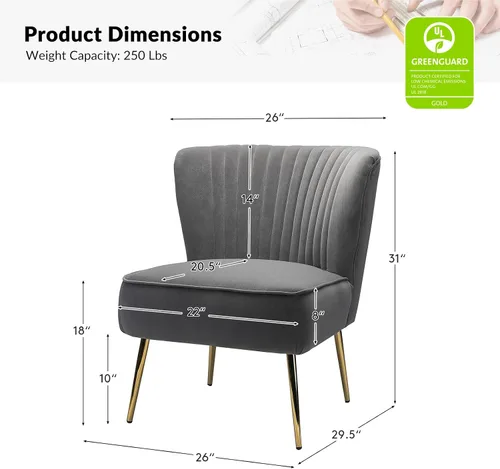 Miniatura 2 de Tina's Home Silla decorativa de terciopelo sin brazos, silla auxiliar pequeña tapizada moderna con patas doradas, cómoda y bonita silla con respaldo